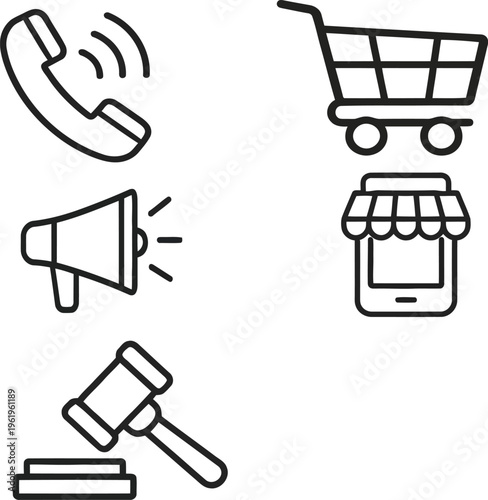 Business and finance shopping icons set with cart, bag, money, and e commerce symbols for web and market design