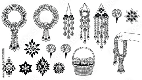 Traditional thai flower garland set with marigold and jasmine elements in black and white line art style.
