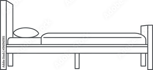 A simple black and white line art illustration depicts a minimalist bed with a comfortable mattress and soft pillow, representing rest and relaxation in a clean design style perfect for icons.