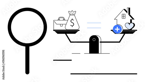 Financial balance concept. Financial decision-making ed by money, home, and health on a scale. Financial priorities for budgeting, savings, healthcare, real estate, and personal planning
