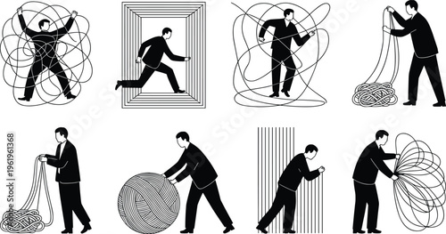 Problem solving silhouettes, tangled thread illustration, organization process design, chaos to order concept, teamwork solution, complexity management, clarity achievemen