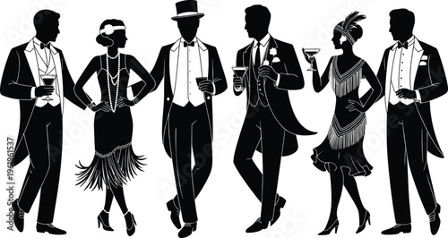 Roaring Twenties silhouettes, flapper dresses, vintage suits, jazz age party, 1920s fashion, elegant gathering, retro celebration, social drinking, vintage lifestyle scene