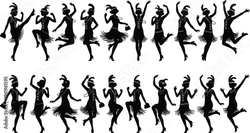 Vintage flapper dancers silhouette collection in 1920s Charleston style, elegant female figures in motion, retro party theme, black vector illustration set