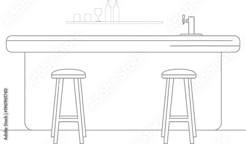 Minimalist line art illustration showcasing a contemporary bar counter complete with two wooden stools, back shelves displaying bottles and glassware, and a beer tap, ideal for design elements.