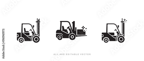 forklift truck glyph icon set for clean warehouse logistics.  Vector illustration