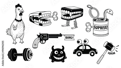 Set of black and white cartoon funny joke toys, including chattering teeth, rubber chicken, snake in a can, and squirt gun.