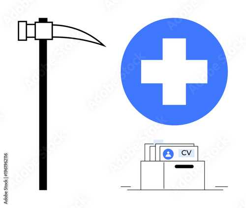 Healthcare recruitment. Visual ation of healthcare recruitment with tools and CV icon. Healthcare recruitment supporting medical staffing and career opportunities. For HR, job platforms, medical