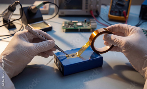 Technician Applying  Flat Temperature Sensor with Kapton Tape During Lithium Battery Pack Assembly