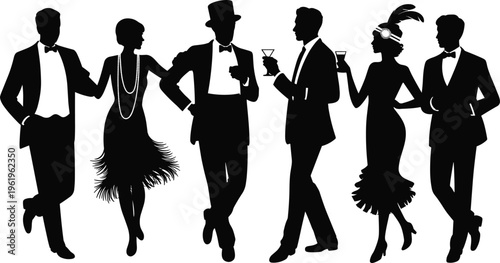 Roaring Twenties silhouettes, vintage fashion illustration, flapper dress design, cocktail party scene, elegant suits, Gatsby style, retro glamour, social celebration