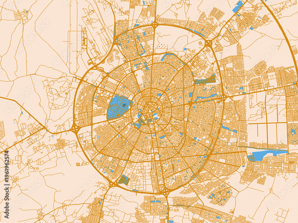Obraz premium Street network map of Erbil, Iraq, golden linework with blue water