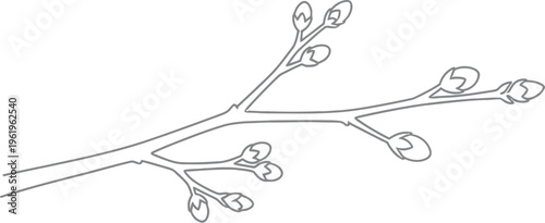 A single continuous line drawing depicts a beautiful tree branch with new buds forming, symbolizing spring awakening and the delicate beginnings of nature's annual rebirth and growth cycle.