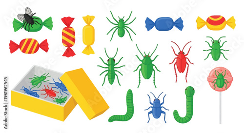Realistic bug infested candy and creepy crawly sweets collection for halloween treats or prank snacks.