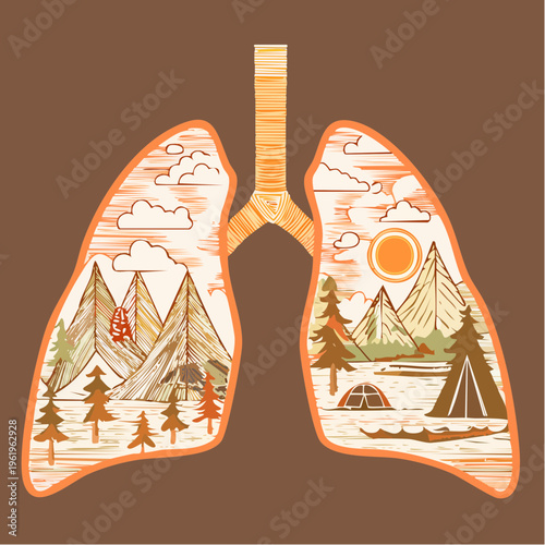 Forest Camping Landscape Inside Human Lungs Concept Clean Air Nature Illustration
