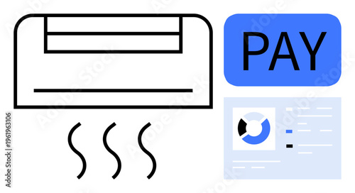 Air conditioner payment. Illustration air conditioner operation, payment systems, and related billing data. Air conditioner alongside payment and utility data. For energy, utilities, payment apps