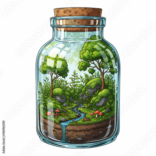 Vibrant miniature terrarium ecosystem in a glass jar with trees, moss, stream, and mushrooms, creating a self-contained natural world.