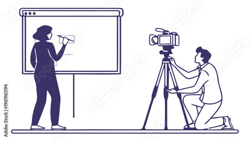 Teacher recording lesson with camera writing on screen educational video production e learning content creation online course development digital classroom technology