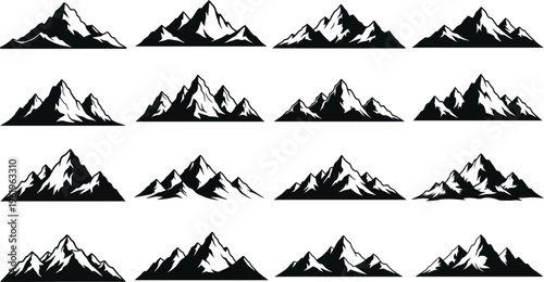Collection of diverse mountain icons in black and white
