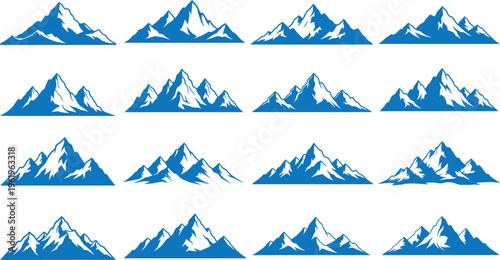 Collection of blue mountain icons on white background