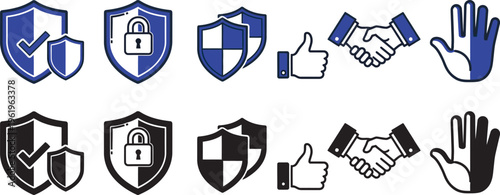 Icon set featuring shields locks thumbs up and handshake symbols for security and agreement