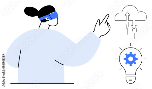 VR technology. A person interacting with virtual reality, linking to cloud computing and innovation concepts. VR technology advancing connectivity, creativity, and data sharing. Ideal for tech