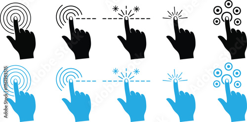 Icon set featuring hand gestures and touchscreen interactions with various symbols