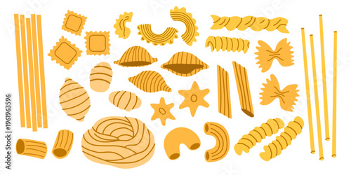 Different Italian pasta types set in cartoon doodle style. Vector illustration of penne, fusilli, farfalle, ravioli, spaghetti and macaroni. Traditional pasta shapes for culinary design, stickers