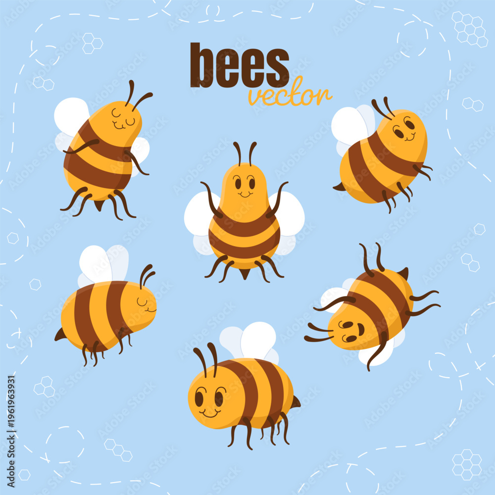 Fototapeta premium Cute Cartoon Honey Bee Characters Set, Funny Flying Bees Vector Illustration