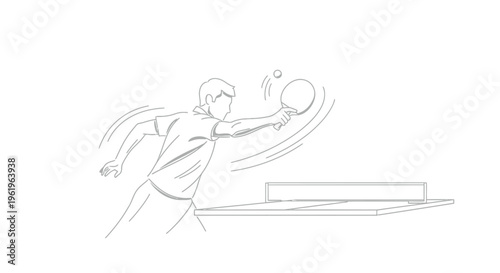 Dynamic line art illustration of a man engaged in an intense game of table tennis, showcasing his powerful forehand stroke as he returns the ball with speed and precision over the net.