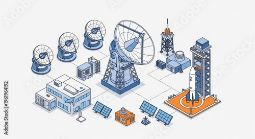 Isometric Illustration of Space Exploration and Research Facilities.
