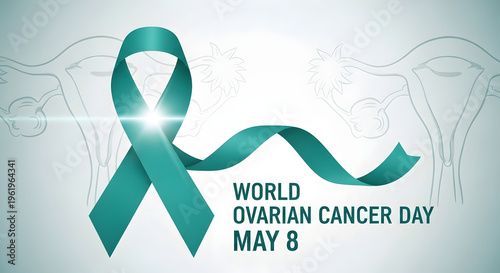 A teal ribbon symbolizes ovarian cancer awareness with a medical illustration and event details high quality