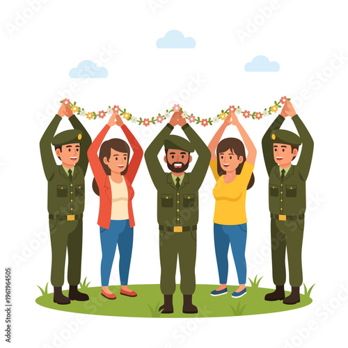 Soldiers and civilians holding a flower garland together