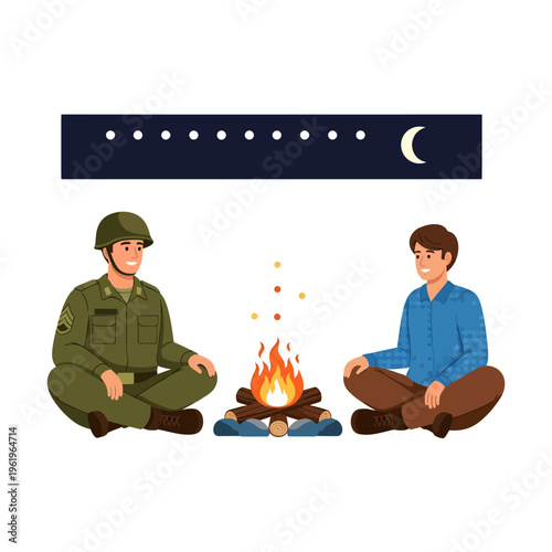 A soldier and a civilian sitting together by a campfire at night