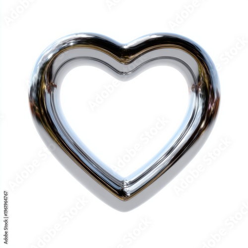 Shiny chrome heart shape on white background