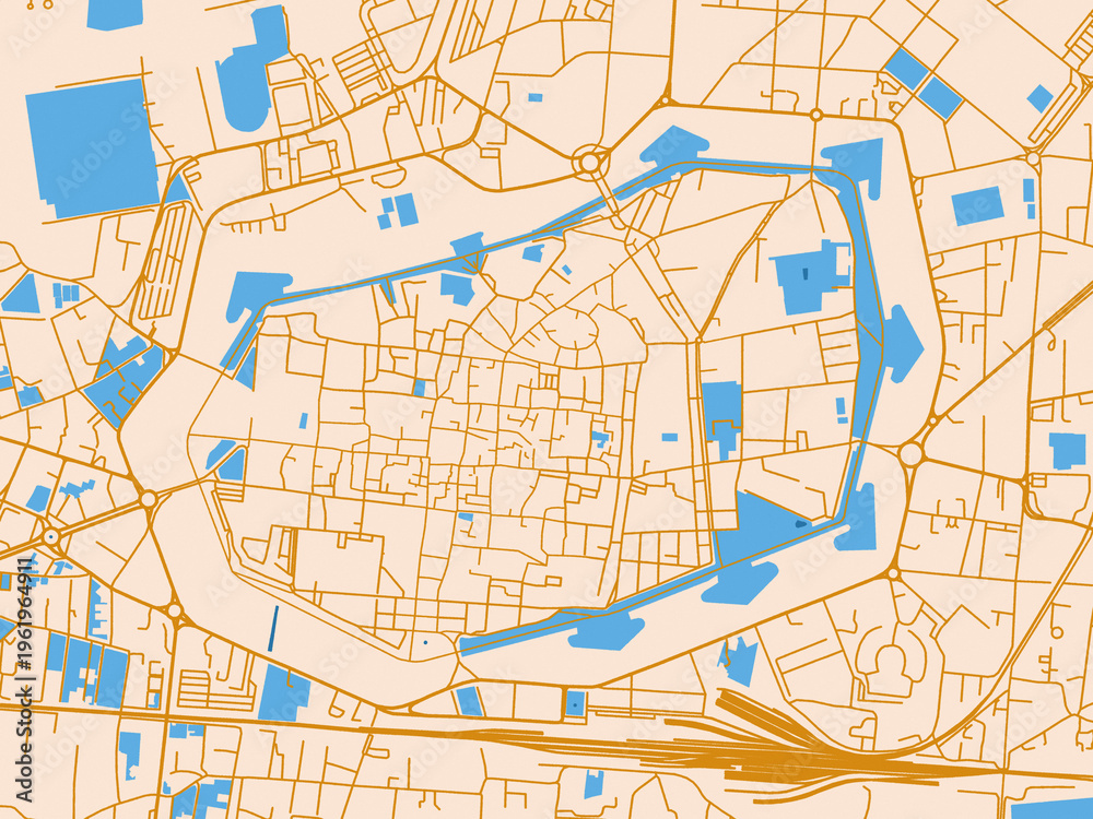 Fototapeta premium City layout poster — Lucca Centro, Italy – golden linework with blue water