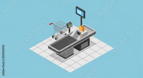 Isometric Supermarket Checkout Counter with Shopping Cart Illustration.