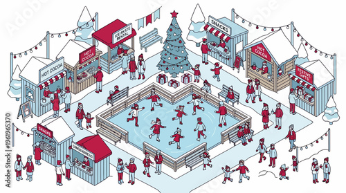 Flat Vector Winter Festival Scene with Ice Skating Rink, Red Roofs, and Christmas Tree Illustration