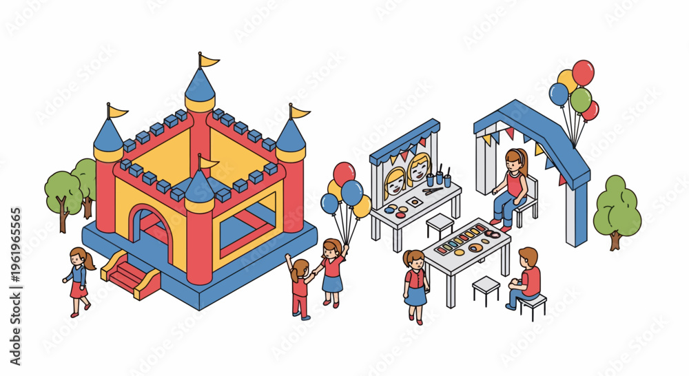Obraz premium Flat Vector Illustration of Festive Playground with Bouncy Castle, Children, Balloons, and Celebratory Atmosphere