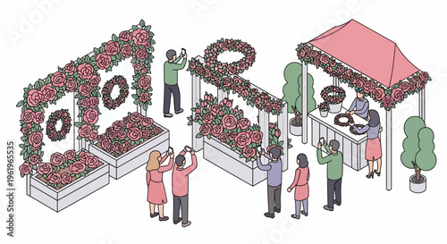 Flat vector design of vibrant open festival scene with people gathering around planters spelling OPEN outdoors