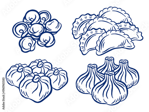 Set of hand drawn traditional dumplings: pelmeni, vareniki, Georgian khinkali and Asian manti. Isolated vector blue line art