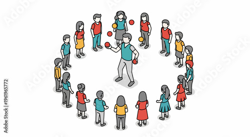 Flat Vector Illustration of Juggler with Festive Crowd in a Diverse Circle