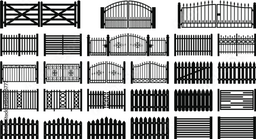Fence and gate silhouette vector illustration, multiple designs including picket, lattice, slat, and wrought iron styles for architecture and landscaping - flat vector illustration