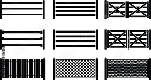 Fence and gate silhouette vector illustration, nine designs including rail, picket, lattice, and cross-braced styles for garden and property boundaries - flat vector illustration