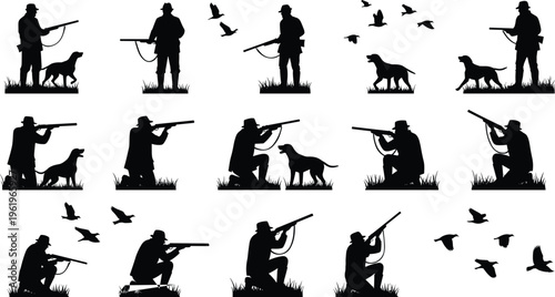 Vector silhouette set of hunters with rifles, hunting dogs, and flying birds for outdoor sport, wilderness activity, and shooting hobby