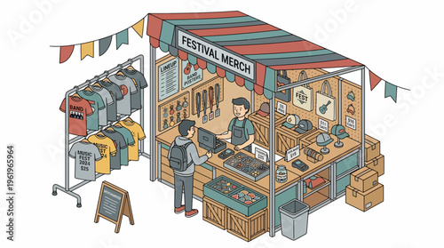 Flat vector festival merch stand with striped awning and bold signage in vibrant outdoor setting