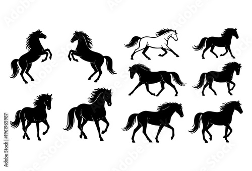 Horse silhouette vector set with galloping rearing and standing equine poses isolated on white background