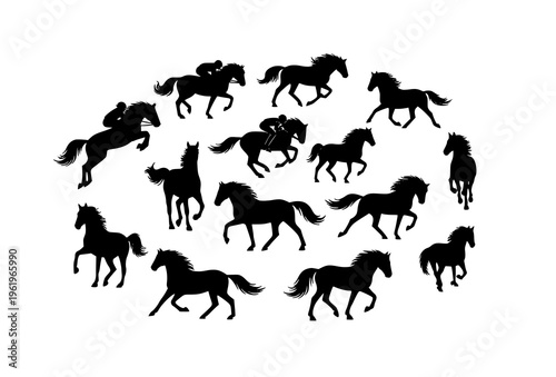 Dynamic horse silhouettes in motion vector collection for equestrian sport and racing design isolated on white