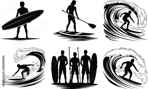 Surfing silhouettes, paddleboarding figures, wave riders, surf culture, water sports lifestyle, ocean adventure, surfboard group, dynamic poses, coastal recreation scene