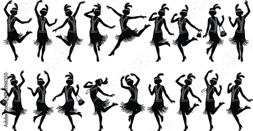 Flapper dancers silhouette set in vintage 1920s style, Charleston dance poses, retro party theme, elegant female figures, black vector illustration collection