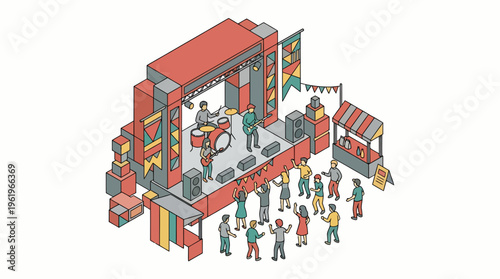 Flat Vector Festival Scene with Stage, Vendor Booths, Crowd, and Performers in Vibrant Colors