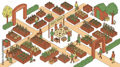 Vibrant Flat Vector Festival of Gardening in Community Greenhouse with Paths, Trees, and Diverse Plants